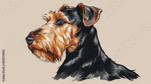 Semi-realistic color illustration focusing on the head of an Airedale Terrier, highlighting its keen expression and distinctive facial features photo