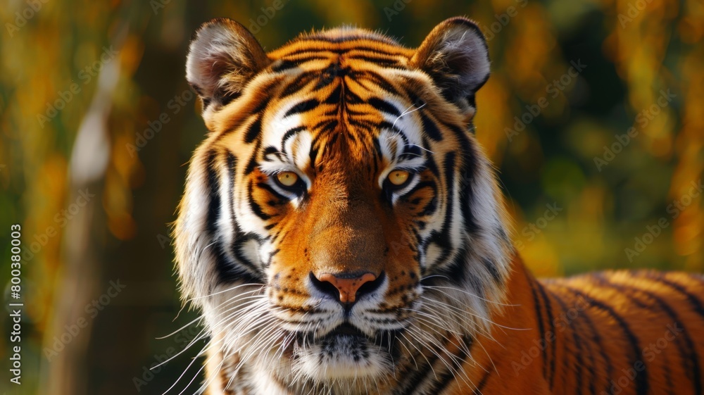 Obraz premium A close-up shot of a tiger intensely looking directly at the camera, showcasing its fierce gaze and powerful presence