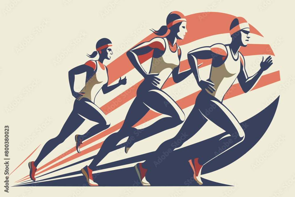 Three runners are racing in a track, with one runner in the lead Three runners are racing in a track, with one runner in the lead