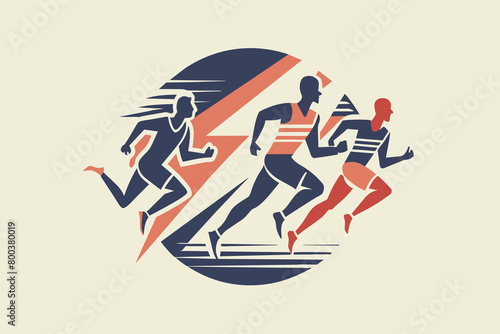 Three men running in a race with a lightning bolt in the background photo