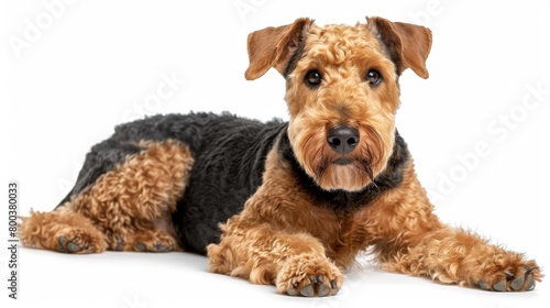 An Airedale Terrier lying down with its face blurred out, highlighting its furry body and paws against a stark background