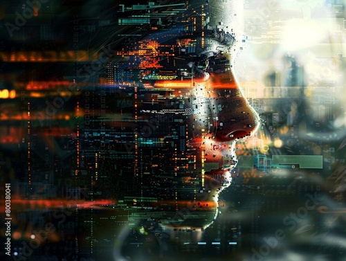 Futuristic portrait of a digital face, crafted from streaming codes and cybernetic enhancements, depicting the future of humanity