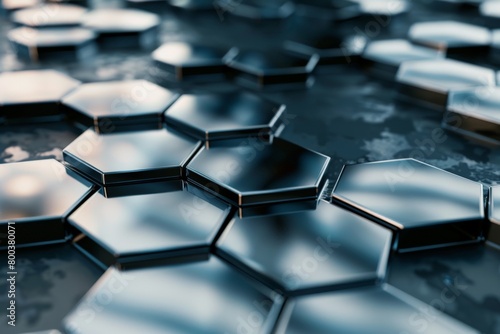 A field of chrome hexagons, some smooth and reflective, others dented and scratched, creating a dynamic composition    photo