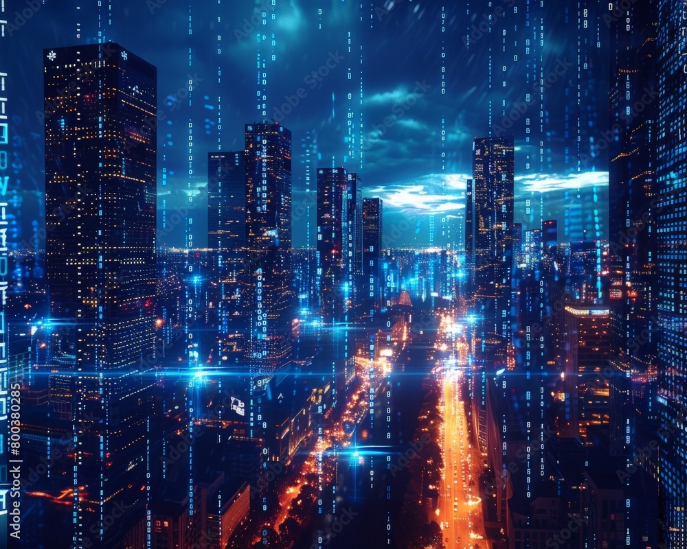 A futuristic cityscape built on a grid system, with towering skyscrapers lit up in a binary code pattern A futuristic cityscape built on a grid system, with towering skyscrapers lit up in a binary code pattern