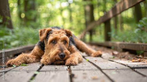 Serene image of an Airedale Terrier resting on a rustic wooden bridge surrounded by lush forest greenery photo