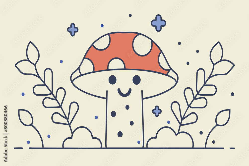 A cartoon mushroom with a smile on its face is surrounded by leaves and flowers