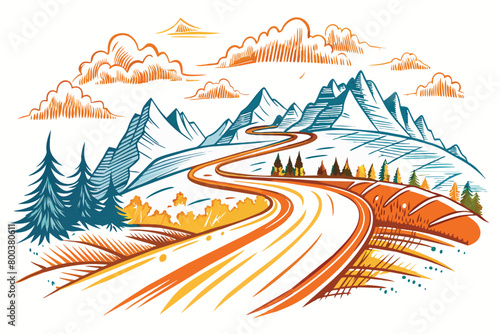 A mountain road with a winding path and trees in the background