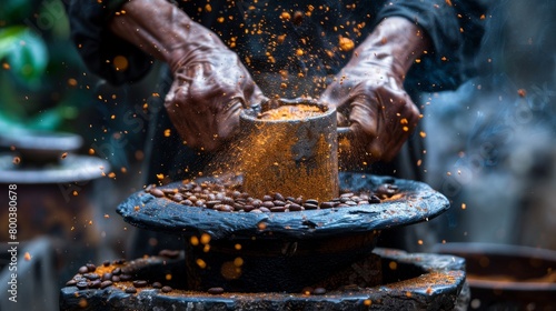 Traditional stone mill grinding coffee beans, focusing on the hand-crafted process. photo