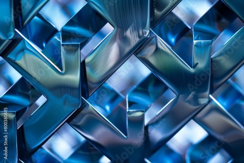 A geometric pattern of interlocking chrome plates, reflecting and refracting a cool blue light source  photo