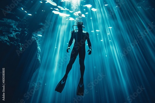 Submerged Diver Surrounded by Brilliant Blue Ocean Waters and Sun Rays - Adventure Tourism, Diving Excursions, Oceanic Studies photo