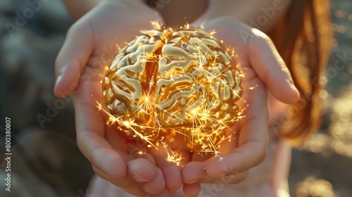 Childs Hands Cradle Golden Brain Symbol of Curiositys Potential in Research and Discovery Generative ai photo