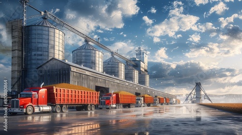 Transport trucks lined up at a grain elevator, loading corn for distribution to international markets. photo