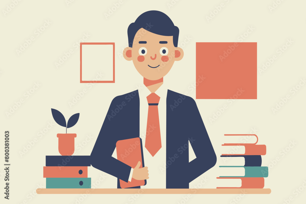 A man in a suit is sitting at a desk with a stack of books and a folder A man in a suit is sitting at a desk with a stack of books and a folder