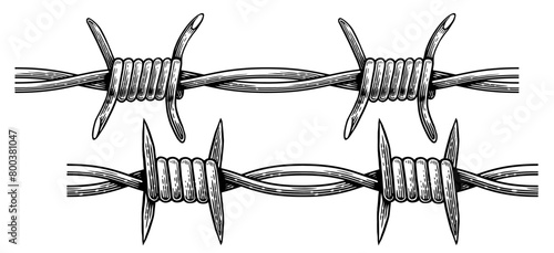 Hand drawn barbed wire sketch in engraving style. Sharp barbwire border chain. Vector illustration
