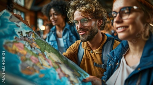 Travel agency staff assisting customers with vacation bookings and itinerary planning.