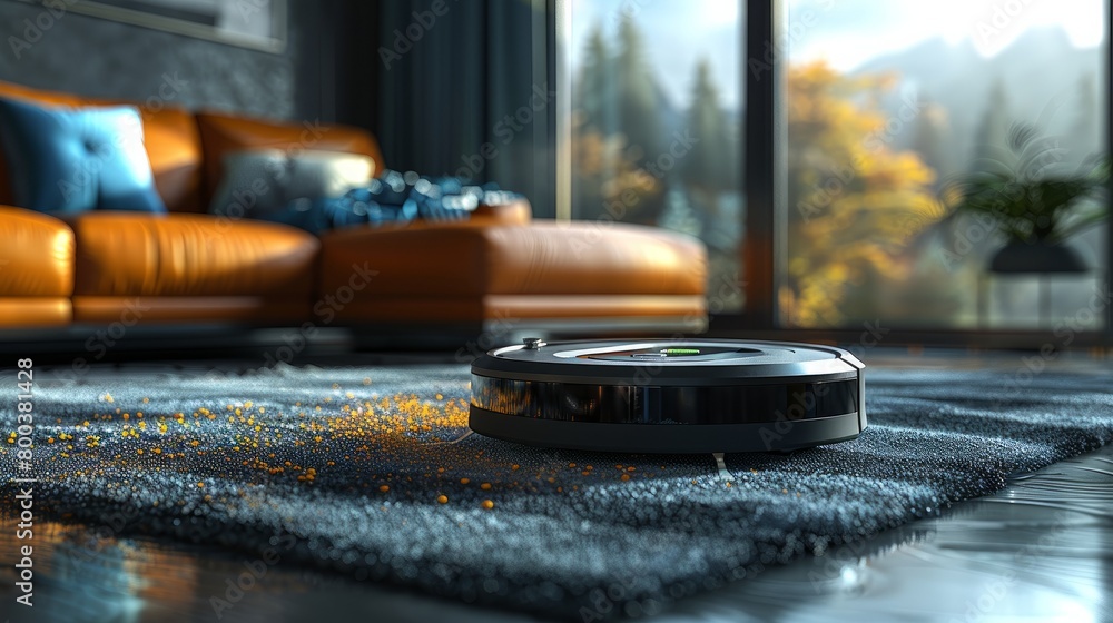 Fototapeta premium 3D Robot vacuum cleaner removing different sizes of dusts, mold, bacteria, and any airborne particles in living room. Concept of vacuum cleaner filtering and cleaning