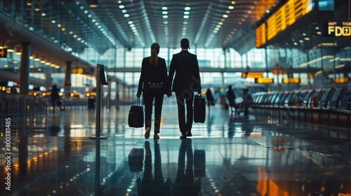 Two businesspeople walking through a busy international airport discussing logistics.