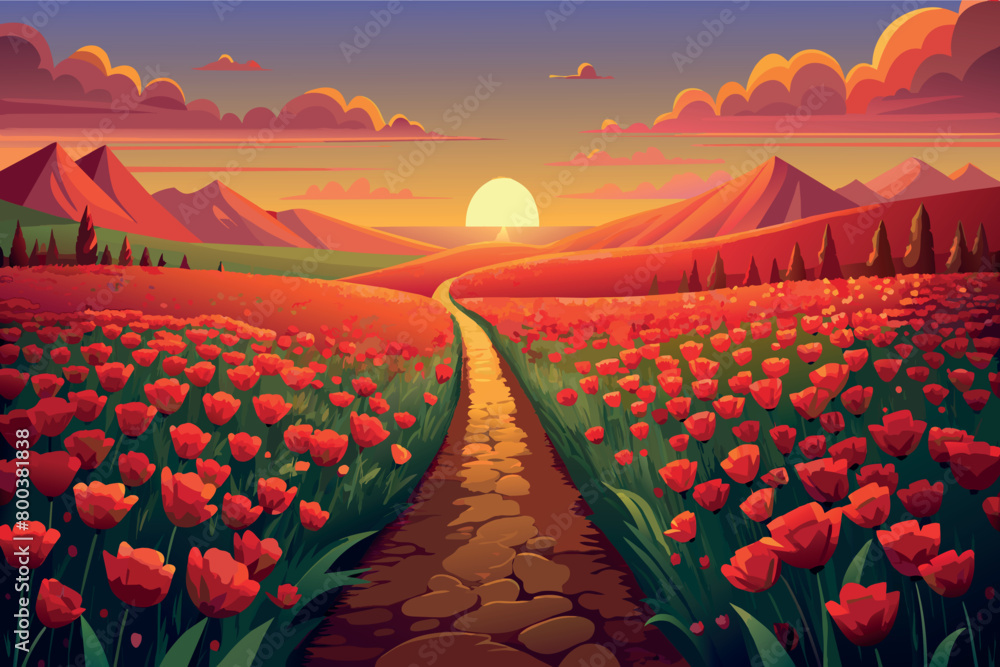 A beautiful landscape with a path through a field of red flowers