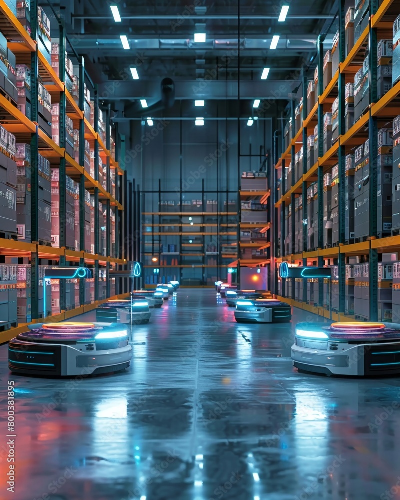 Inside a highly automated digital warehouse, with AIpowered logistics robots efficiently sorting and moving goods Inside a highly automated digital warehouse, with AIpowered logistics robots efficiently sorting and moving goods