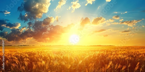 The sun is setting in the background of a vast field of grass, casting a warm orange glow over the landscape