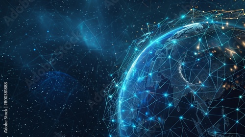 Futuristic HUD Background Featuring Blockchain Technology with World Globe and Polygon Peer-to-Peer Network – Global Cryptocurrency Blockchain Business Banner Concept