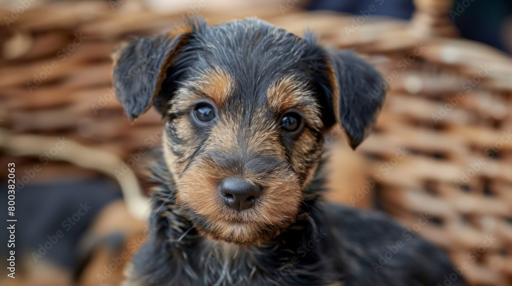 A heartwarming photo of an Airedale terrier puppy peeking out from a cozy wicker basket A heartwarming photo of an Airedale terrier puppy peeking out from a cozy wicker basket