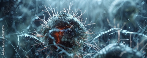 A microscopic closeup of a single virus particle with a spiky protein coat, rendered in a highly detailed and scientific style   photo