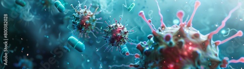 A microscopic closeup of a single virus particle with a spiky protein coat, rendered in a highly detailed and scientific style  photo