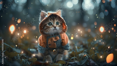 Curious Kitten in Captivating Fairy Tale Inspired Costume Amid Magical Woodland Backdrop with Glowing Fireflies