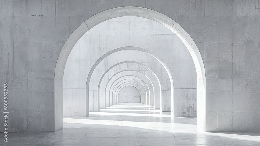 Abstract empty concrete interior with arch and light.