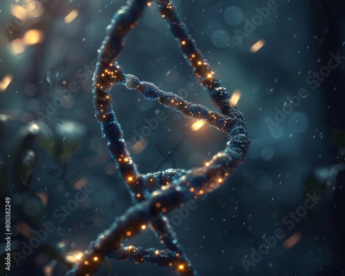 A microscopic view of a strand of DNA, with its double helix structure reimagined as a binary code sequence 