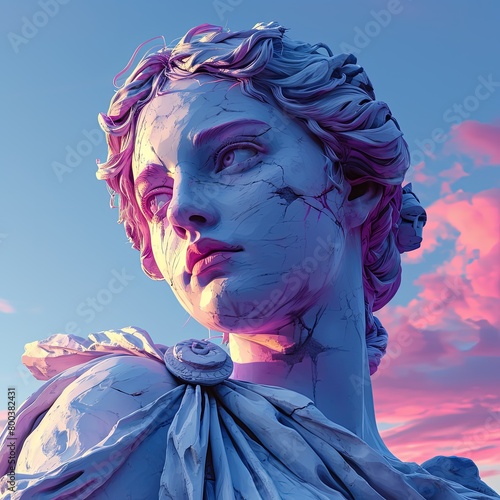 a head sculpture on a purple, blue and pink background, in the style of hellenistic art, post-internet aesthetics, womancore, light cyan and white, appropriation artist, realistic color schemes, flat  photo