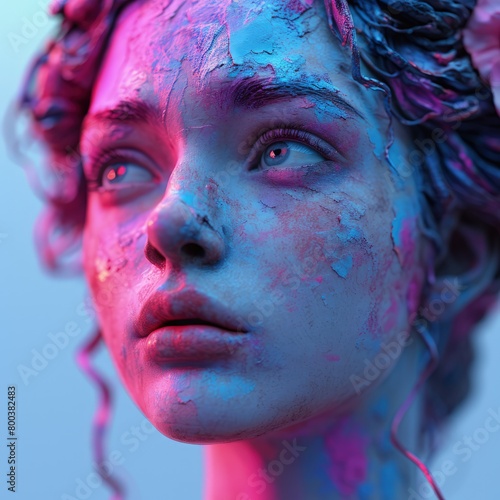 a head sculpture on a purple, blue and pink background, in the style of hellenistic art, post-internet aesthetics, womancore, light cyan and white, appropriation artist, realistic color schemes, flat  photo