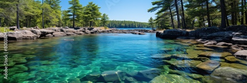 A body of water enclosed by dense forest and rocky formations