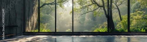 A minimalist room with a single  large window overlooking a lush green forest The room is bathed in natural light  creating a sense of serenity and connection to nature  