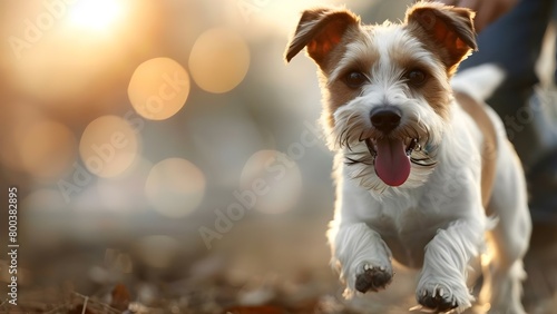 Jack Russell Terrier joyfully runs with owner in field at sunset, tongue out. Concept Pets, Playful Poses, Joyful Moments, Outdoor Photoshoot, Sunrise/Sunset