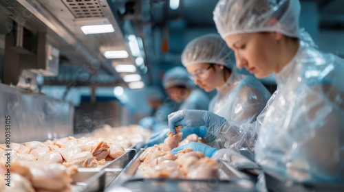 Workers in protective gear inspecting frozen chicken breasts for size and quality, ensuring that only premium cuts meet the export standards. photo