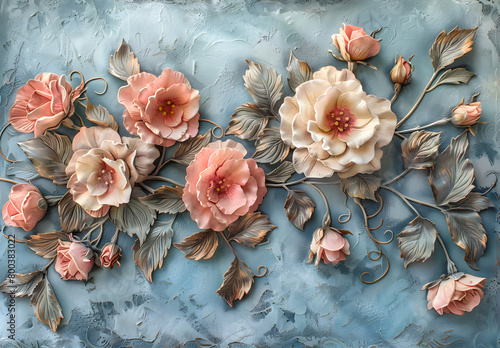 A wallpaper featuring intricate rococo blooms and flowers in a pastel color scheme, creating a dreamy and luxurious aesthetic. Suitable for interior decor, weddings, and fantasy-themed events. photo