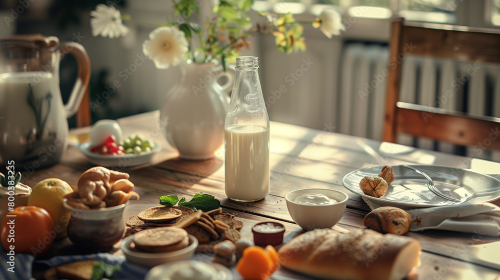 breakfast on a rough wooden table in a rustic kitchen. retro kitchen table with glass of milk, breakfast food and bottle of milk breakfast on a rough wooden table in a rustic kitchen. retro kitchen table with glass of milk, breakfast food and bottle of milk