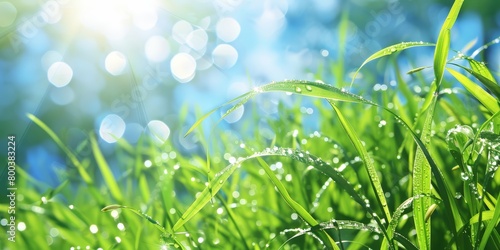 Detailed view of green grass blades covered in small water droplets, reflecting light and showcasing natures beauty
