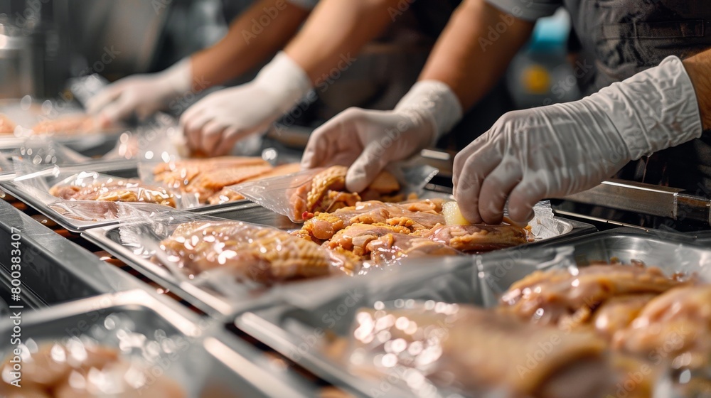 Workers packaging frozen chicken cuts into vacuum-sealed bags for shipment to international markets, highlighting the meticulous attention to detail in the packaging process.