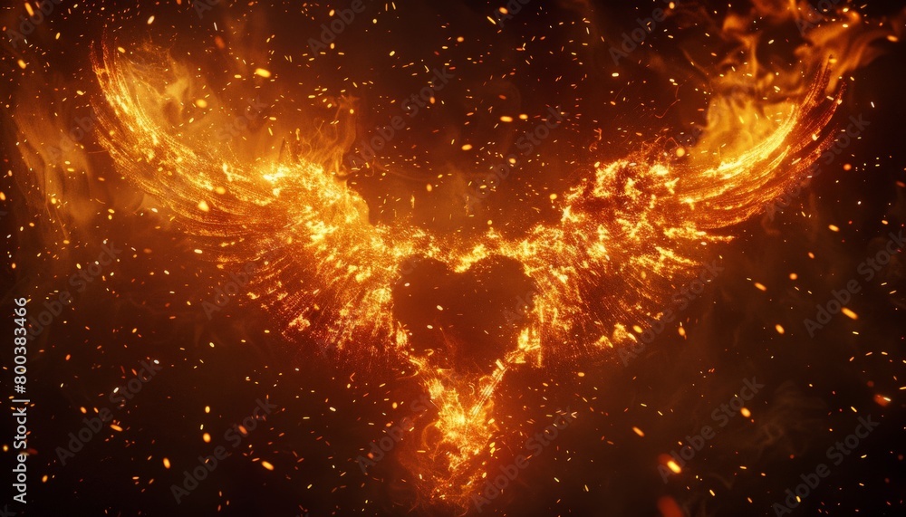 A phoenix composed entirely of glowing embers, its wings outstretched in a heart shape, symbolizing loves transformative power A phoenix composed entirely of glowing embers, its wings outstretched in a heart shape, symbolizing loves transformative power