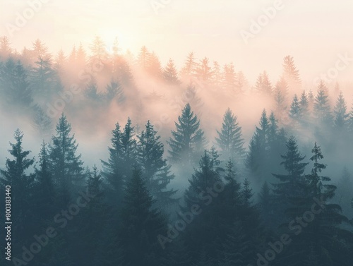 Panoramic landscape of a misty forest at dawn, the silhouettes of trees emerging from the fog, evoking a sense of calm isolation