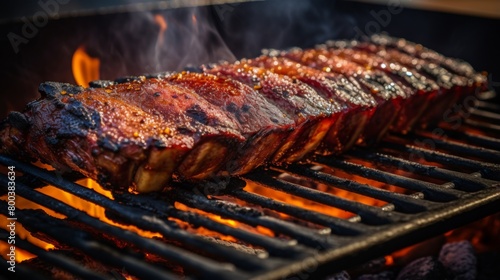 Perfectly marinated ribs cook over a fiery grill, flames licking the meat, embodying the spirit of outdoor culinary delight