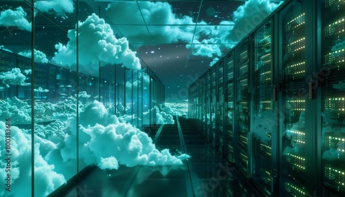A photorealistic datacenter server room filled with rows of glowing server racks, all connected by a network of cables resembling clouds  