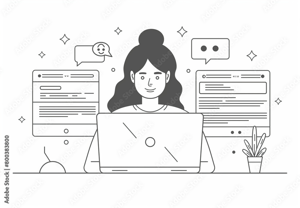 Monochrome line art of a woman at her workspace with a computer, denoting remote work or study Monochrome line art of a woman at her workspace with a computer, denoting remote work or study
