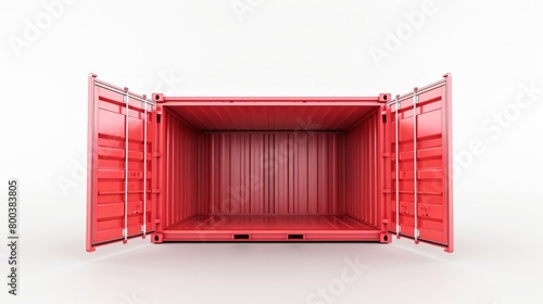 A 3D rendering of an open, empty red shipping container, seen from a side view and isolated on a white background, represents Transportation and delivery through digital art.