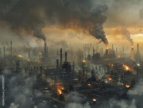 Panoramic shot of a sprawling refinery, flares and pollution merging into a scene that questions industrial practices