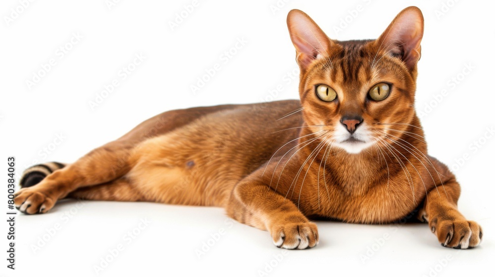 A close-up image capturing the fierce gaze of a majestic Abyssinian cat lounging against a pure white backdrop, accentuating its sleek coat A close-up image capturing the fierce gaze of a majestic Abyssinian cat lounging against a pure white backdrop, accentuating its sleek coat