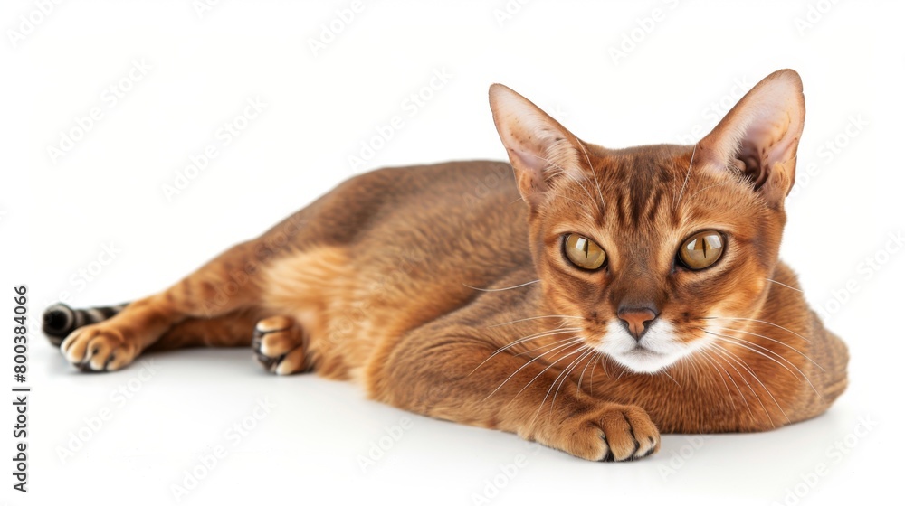 This image spotlights an Abyssinian cat's intense stare, set against a white background, emphasizing the animal's striking features and beautiful coat